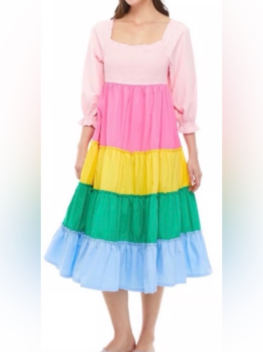 CROWN & IVY rainbow striped tiered square neck maxi dress (mix40)